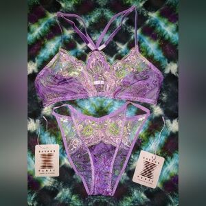 SavageXFenty Boho Purple Paisley Embroidered Bralette & String Bikini Set~Sz XS
